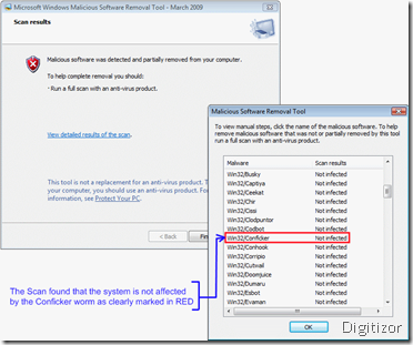 Malicious SOftware Removal tool from Microsoft confirms the absence of Conficker from a system.